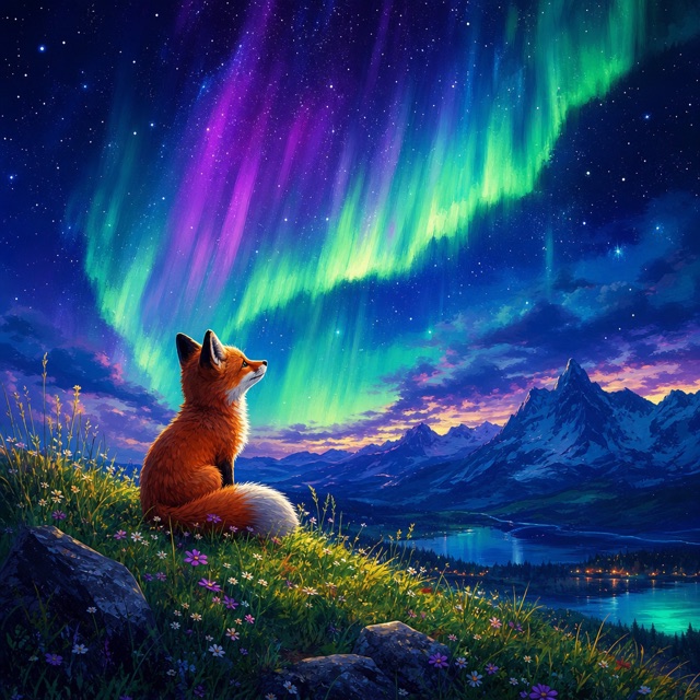 Stylized illustration of a fox under an aurora sky